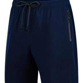 Zipper Pockets Quick Drying Comfy Active Shorts, Men's Casual Stretch Waist Drawstring Shorts For Summer Zipper Pockets Quick Drying Comfy Active Shorts, Men's Casual Stretch Waist Drawstring Shorts For Summer