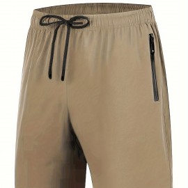 Zipper Pockets Quick Drying Comfy Active Shorts, Men's Casual Stretch Waist Drawstring Shorts For Summer Zipper Pockets Quick Drying Comfy Active Shorts, Men's Casual Stretch Waist Drawstring Shorts For Summer