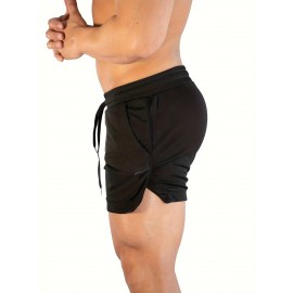 Men's Breathable Solid Shorts With Pockets, Summer Drawstring Elastic Waist Shorts For Running, Fitness, Training Men's Breathable Solid Shorts With Pockets, Summer Drawstring Elastic Waist Shorts For Running, Fitness, Training
