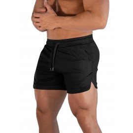Men's Breathable Solid Shorts With Pockets, Summer Drawstring Elastic Waist Shorts For Running, Fitness, Training Men's Breathable Solid Shorts With Pockets, Summer Drawstring Elastic Waist Shorts For Running, Fitness, Training
