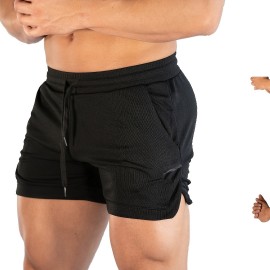 Men's Breathable Solid Shorts With Pockets, Summer Drawstring Elastic Waist Shorts For Running, Fitness, Training Men's Breathable Solid Shorts With Pockets, Summer Drawstring Elastic Waist Shorts For Running, Fitness, Training