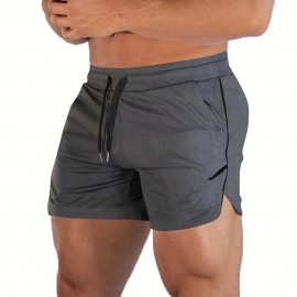 Men's Breathable Solid Shorts With Pockets, Summer Drawstring Elastic Waist Shorts For Running, Fitness, Training Men's Breathable Solid Shorts With Pockets, Summer Drawstring Elastic Waist Shorts For Running, Fitness, Training