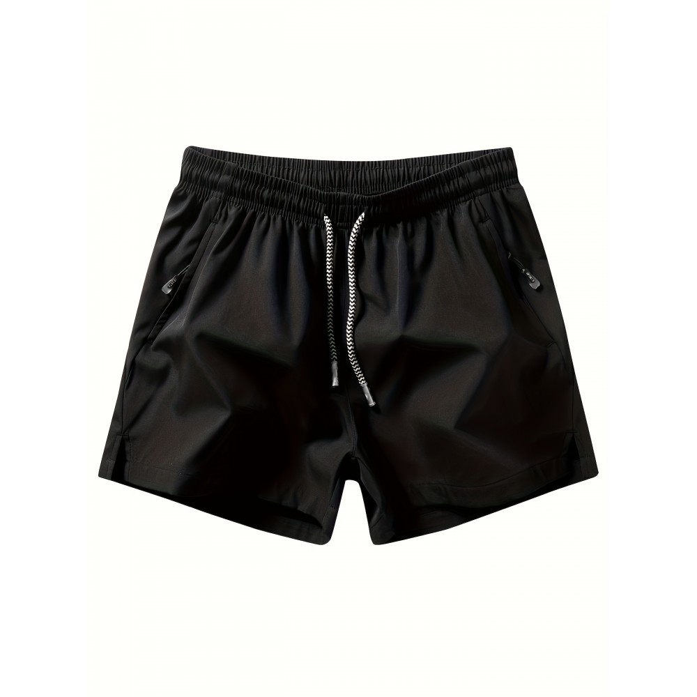 Men's Zipper Pockets Active Shorts, Casual Waist Drawstring Quick Drying Shorts Men's Zipper Pockets Active Shorts, Casual Waist Drawstring Quick Drying Shorts