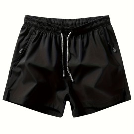 Men's Zipper Pockets Active Shorts, Casual Waist Drawstring Quick Drying Shorts Men's Zipper Pockets Active Shorts, Casual Waist Drawstring Quick Drying Shorts