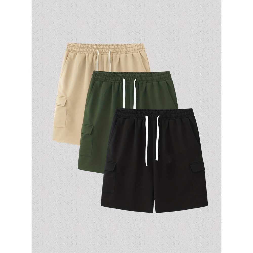 Classic Design Cargo Shorts, Men's Casual Multi Pocket Solid Color Waist Drawstring Cargo Shorts For Summer Outdoor Classic Design Cargo Shorts, Men's Casual Multi Pocket Solid Color Waist Drawstring Cargo Shorts For Summer Outdoor