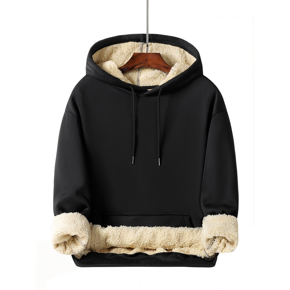 Cool Fleece Hoodies For Men, Men's Casual Solid Design Pullover Hooded Sweatshirt With Kangaroo Pocket Streetwear For Winter Fall, As Gifts Cool Fleece Hoodies For Men, Men's Casual Solid Design Pullover Hooded Sweatshirt With Kangaroo Pocket Streetwear For Winter Fall, As Gifts