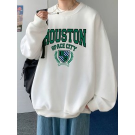 Men's Pullover Round Neck Long Sleeve Sweatshirt Green Badge Pattern Loose Casual Top For Autumn Winter Men's Clothing As Gifts