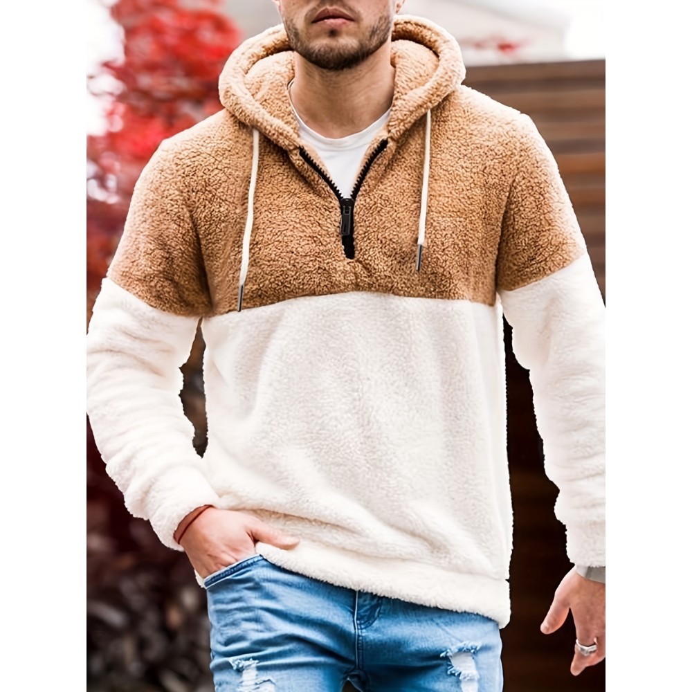 Cool Fluffy Thermal Hoodies For Men, Men's Casual Color Block Polar Fleece Pullover Hooded Sweatshirt With Kangaroo Pocket Streetwear For Winter Fall, As Gifts Cool Fluffy Thermal Hoodies For Men, Men's Casual Color Block Polar Fleece Pullover Hooded Sweatshirt With Kangaroo Pocket Streetwear For Winter Fall, As Gifts