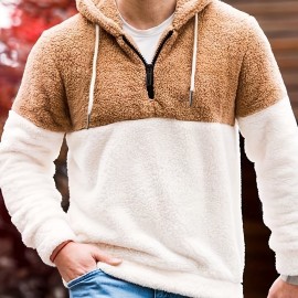 Cool Fluffy Thermal Hoodies For Men, Men's Casual Color Block Polar Fleece Pullover Hooded Sweatshirt With Kangaroo Pocket Streetwear For Winter Fall, As Gifts Cool Fluffy Thermal Hoodies For Men, Men's Casual Color Block Polar Fleece Pullover Hooded Sweatshirt With Kangaroo Pocket Streetwear For Winter Fall, As Gifts
