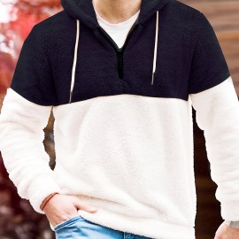 Cool Fluffy Thermal Hoodies For Men, Men's Casual Color Block Polar Fleece Pullover Hooded Sweatshirt With Kangaroo Pocket Streetwear For Winter Fall, As Gifts Cool Fluffy Thermal Hoodies For Men, Men's Casual Color Block Polar Fleece Pullover Hooded Sweatshirt With Kangaroo Pocket Streetwear For Winter Fall, As Gifts