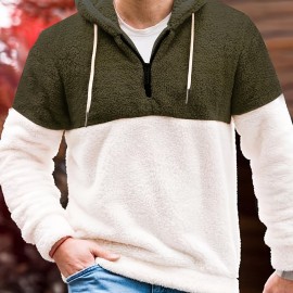 Cool Fluffy Thermal Hoodies For Men, Men's Casual Color Block Polar Fleece Pullover Hooded Sweatshirt With Kangaroo Pocket Streetwear For Winter Fall, As Gifts Cool Fluffy Thermal Hoodies For Men, Men's Casual Color Block Polar Fleece Pullover Hooded Sweatshirt With Kangaroo Pocket Streetwear For Winter Fall, As Gifts
