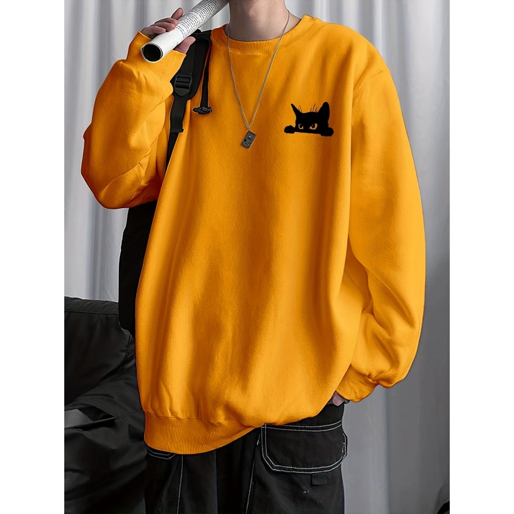 Balck Cat Print Sweatshirt, Men's Casual Graphic Design Slightly Stretch Crew Neck Pullover Sweatshirt For Spring Fall Balck Cat Print Sweatshirt, Men's Casual Graphic Design Slightly Stretch Crew Neck Pullover Sweatshirt For Spring Fall