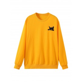 Balck Cat Print Sweatshirt, Men's Casual Graphic Design Slightly Stretch Crew Neck Pullover Sweatshirt For Spring Fall Balck Cat Print Sweatshirt, Men's Casual Graphic Design Slightly Stretch Crew Neck Pullover Sweatshirt For Spring Fall