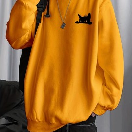 Balck Cat Print Sweatshirt, Men's Casual Graphic Design Slightly Stretch Crew Neck Pullover Sweatshirt For Spring Fall Balck Cat Print Sweatshirt, Men's Casual Graphic Design Slightly Stretch Crew Neck Pullover Sweatshirt For Spring Fall
