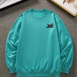 Balck Cat Print Sweatshirt, Men's Casual Graphic Design Slightly Stretch Crew Neck Pullover Sweatshirt For Spring Fall Balck Cat Print Sweatshirt, Men's Casual Graphic Design Slightly Stretch Crew Neck Pullover Sweatshirt For Spring Fall