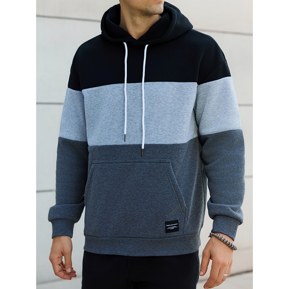 Cool Color Block Hoodies For Men, Men's Casual Design Hooded Sweatshirt With Kangaroo Pocket Streetwear For Winter Fall, As Gifts Cool Color Block Hoodies For Men, Men's Casual Design Hooded Sweatshirt With Kangaroo Pocket Streetwear For Winter Fall, As Gifts