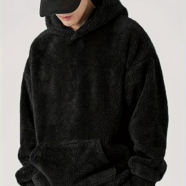 Coral Fleece Solid Color Hoodies For Men, Warm Hoodie With Kangaroo Pocket, Comfy Loose Trendy Hooded Pullover, Men's Clothing For Autumn Winter Coral Fleece Solid Color Hoodies For Men, Warm Hoodie With Kangaroo Pocket, Comfy Loose Trendy Hooded Pullover, Men's Clothing For Autumn Winter