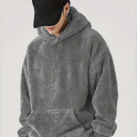 Coral Fleece Solid Color Hoodies For Men, Warm Hoodie With Kangaroo Pocket, Comfy Loose Trendy Hooded Pullover, Men's Clothing For Autumn Winter Coral Fleece Solid Color Hoodies For Men, Warm Hoodie With Kangaroo Pocket, Comfy Loose Trendy Hooded Pullover, Men's Clothing For Autumn Winter