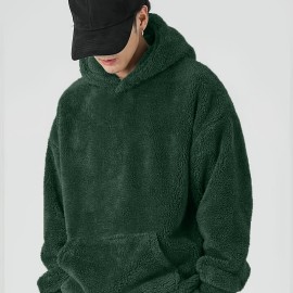 Coral Fleece Solid Color Hoodies For Men, Warm Hoodie With Kangaroo Pocket, Comfy Loose Trendy Hooded Pullover, Men's Clothing For Autumn Winter Coral Fleece Solid Color Hoodies For Men, Warm Hoodie With Kangaroo Pocket, Comfy Loose Trendy Hooded Pullover, Men's Clothing For Autumn Winter