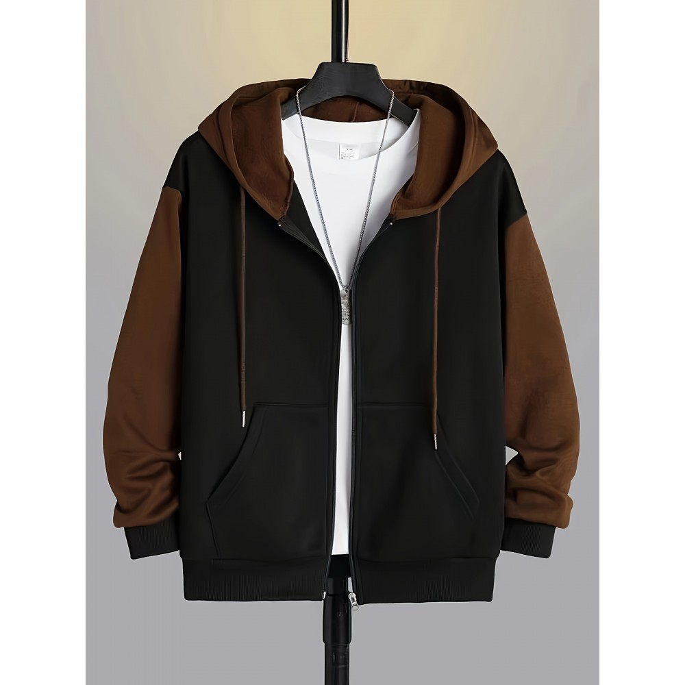 Color Block Men's All-match Hooded Sweatshirt, Men's Sports Zip Up Outwear With Pockets, Spring Fall Color Block Men's All-match Hooded Sweatshirt, Men's Sports Zip Up Outwear With Pockets, Spring Fall