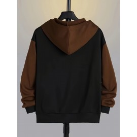 Color Block Men's All-match Hooded Sweatshirt, Men's Sports Zip Up Outwear With Pockets, Spring Fall Color Block Men's All-match Hooded Sweatshirt, Men's Sports Zip Up Outwear With Pockets, Spring Fall