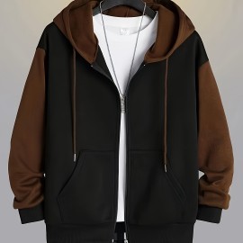 Color Block Men's All-match Hooded Sweatshirt, Men's Sports Zip Up Outwear With Pockets, Spring Fall Color Block Men's All-match Hooded Sweatshirt, Men's Sports Zip Up Outwear With Pockets, Spring Fall