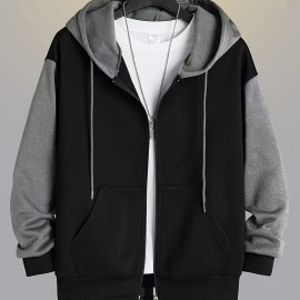 Color Block Men's All-match Hooded Sweatshirt, Men's Sports Zip Up Outwear With Pockets, Spring Fall Color Block Men's All-match Hooded Sweatshirt, Men's Sports Zip Up Outwear With Pockets, Spring Fall