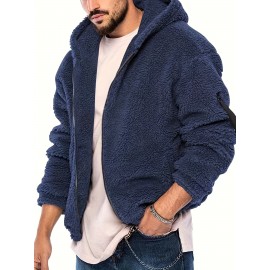 Cool Fluffy Solid For Men, Men's Casual   Polar Fleece Pullover Hooded Sweatshirt With Zipper Streetwear For Winter Fall, As Gifts