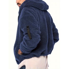 Cool Fluffy Solid For Men, Men's Casual   Polar Fleece Pullover Hooded Sweatshirt With Zipper Streetwear For Winter Fall, As Gifts Cool Fluffy Solid For Men, Men's Casual   Polar Fleece Pullover Hooded Sweatshirt With Zipper Streetwear For Winter Fall, As Gifts