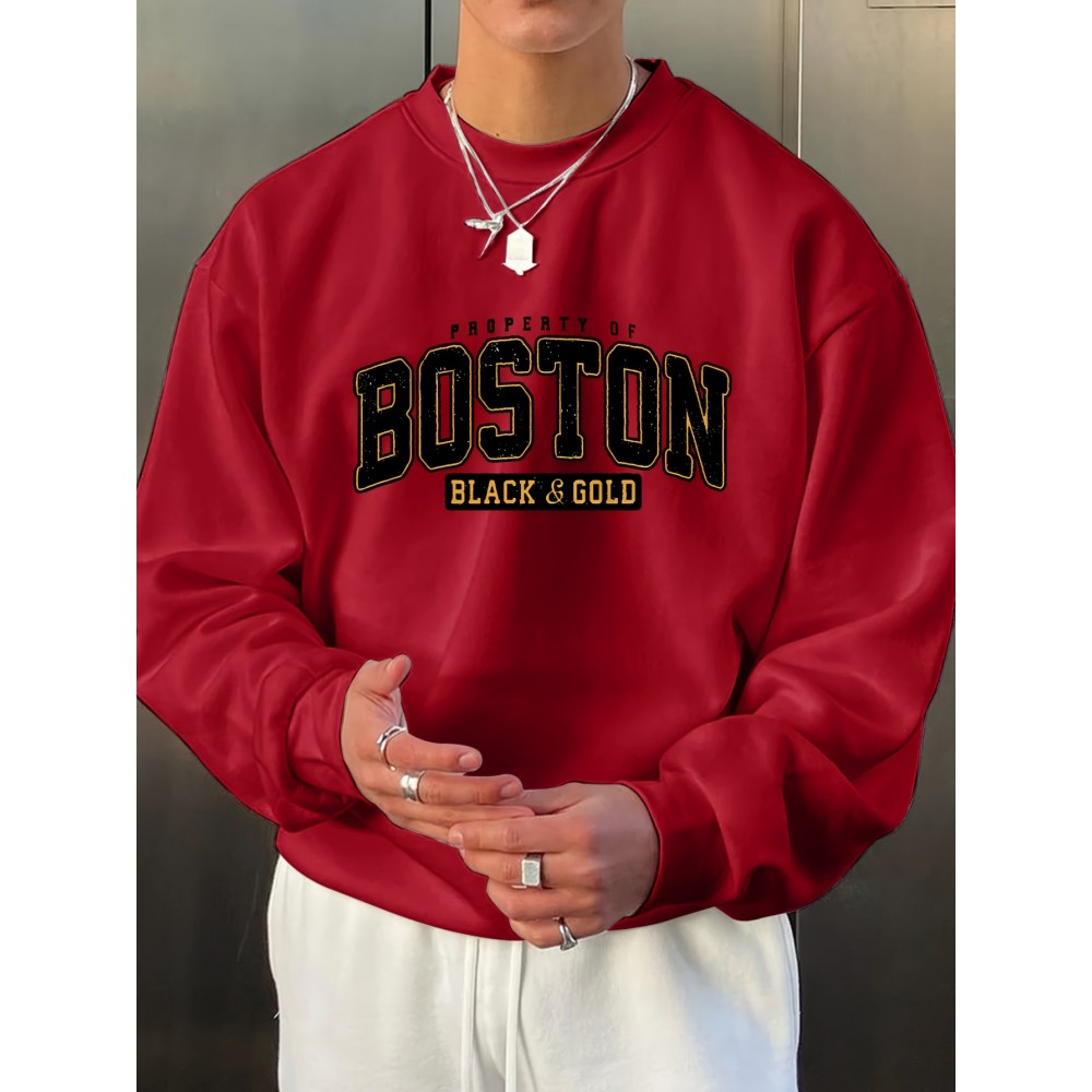 BOSTON Print Fashionable Men's Casual Long Sleeve Crew Neck Pullover Sweatshirt,Suitable For Outdoor Sports,For Autumn Spring,Can Be Paired With Hip-hop Necklace,As Gifts BOSTON Print Fashionable Men's Casual Long Sleeve Crew Neck Pullover Sweatshirt,Suitable For Outdoor Sports,For Autumn Spring,Can Be Paired With Hip-hop Necklace,As Gifts