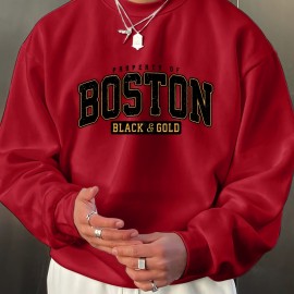 BOSTON Print Fashionable Men's Casual Long Sleeve Crew Neck Pullover Sweatshirt,Suitable For Outdoor Sports,For Autumn Spring,Can Be Paired With Hip-hop Necklace,As Gifts BOSTON Print Fashionable Men's Casual Long Sleeve Crew Neck Pullover Sweatshirt,Suitable For Outdoor Sports,For Autumn Spring,Can Be Paired With Hip-hop Necklace,As Gifts