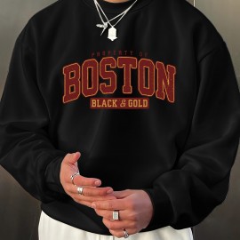 BOSTON Print Fashionable Men's Casual Long Sleeve Crew Neck Pullover Sweatshirt,Suitable For Outdoor Sports,For Autumn Spring,Can Be Paired With Hip-hop Necklace,As Gifts BOSTON Print Fashionable Men's Casual Long Sleeve Crew Neck Pullover Sweatshirt,Suitable For Outdoor Sports,For Autumn Spring,Can Be Paired With Hip-hop Necklace,As Gifts