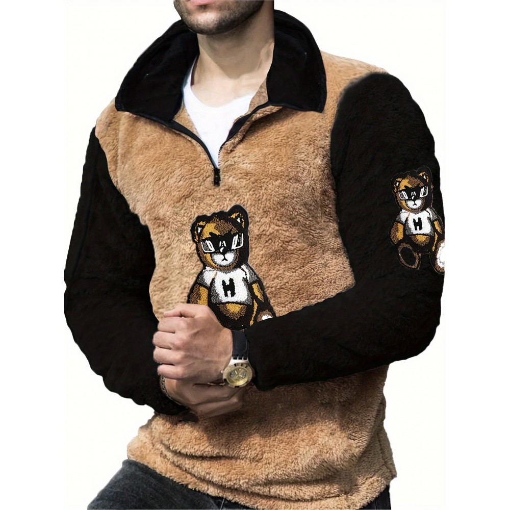 Men's Color Block Fuzzy Bear Pattern Sweatshirt, Half Zip Stand Collar Warm Pullover For Autumn Winter Men's Color Block Fuzzy Bear Pattern Sweatshirt, Half Zip Stand Collar Warm Pullover For Autumn Winter