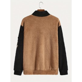 Men's Color Block Fuzzy Bear Pattern Sweatshirt, Half Zip Stand Collar Warm Pullover For Autumn Winter Men's Color Block Fuzzy Bear Pattern Sweatshirt, Half Zip Stand Collar Warm Pullover For Autumn Winter