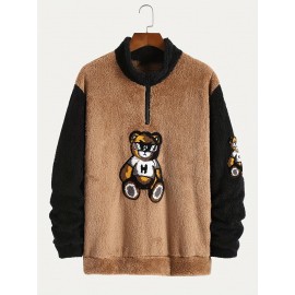 Men's Color Block Fuzzy Bear Pattern Sweatshirt, Half Zip Stand Collar Warm Pullover For Autumn Winter Men's Color Block Fuzzy Bear Pattern Sweatshirt, Half Zip Stand Collar Warm Pullover For Autumn Winter