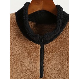 Men's Color Block Fuzzy Bear Pattern Sweatshirt, Half Zip Stand Collar Warm Pullover For Autumn Winter Men's Color Block Fuzzy Bear Pattern Sweatshirt, Half Zip Stand Collar Warm Pullover For Autumn Winter
