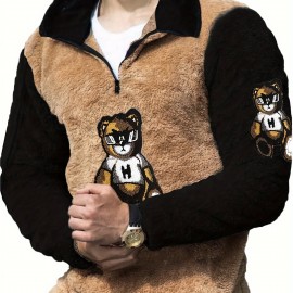 Men's Color Block Fuzzy Bear Pattern Sweatshirt, Half Zip Stand Collar Warm Pullover For Autumn Winter Men's Color Block Fuzzy Bear Pattern Sweatshirt, Half Zip Stand Collar Warm Pullover For Autumn Winter