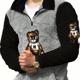 Men's Color Block Fuzzy Bear Pattern Sweatshirt, Half Zip Stand Collar Warm Pullover For Autumn Winter Men's Color Block Fuzzy Bear Pattern Sweatshirt, Half Zip Stand Collar Warm Pullover For Autumn Winter