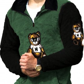 Men's Color Block Fuzzy Bear Pattern Sweatshirt, Half Zip Stand Collar Warm Pullover For Autumn Winter Men's Color Block Fuzzy Bear Pattern Sweatshirt, Half Zip Stand Collar Warm Pullover For Autumn Winter
