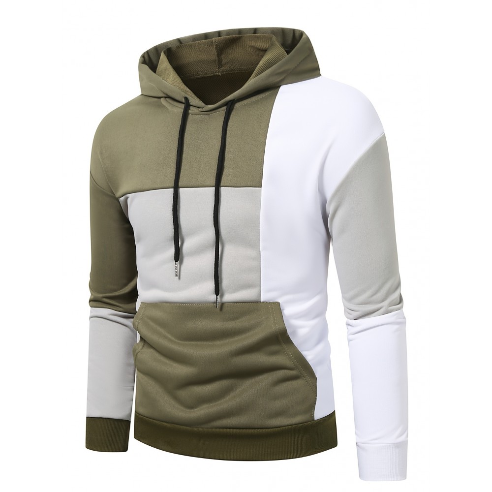 Patchwork Color Block Hoodie With Kangaroo Pocket, Men's Casual Solid Color Slightly Stretch Drawstring Pullover Hooded Sweatshirt For Spring Fall Patchwork Color Block Hoodie With Kangaroo Pocket, Men's Casual Solid Color Slightly Stretch Drawstring Pullover Hooded Sweatshirt For Spring Fall
