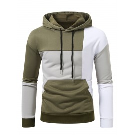Patchwork Color Block Hoodie With Kangaroo Pocket, Men's Casual Solid Color Slightly Stretch Drawstring Pullover Hooded Sweatshirt For Spring Fall Patchwork Color Block Hoodie With Kangaroo Pocket, Men's Casual Solid Color Slightly Stretch Drawstring Pullover Hooded Sweatshirt For Spring Fall