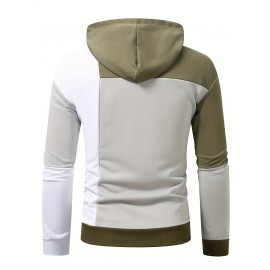 Patchwork Color Block Hoodie With Kangaroo Pocket, Men's Casual Solid Color Slightly Stretch Drawstring Pullover Hooded Sweatshirt For Spring Fall Patchwork Color Block Hoodie With Kangaroo Pocket, Men's Casual Solid Color Slightly Stretch Drawstring Pullover Hooded Sweatshirt For Spring Fall