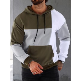 Patchwork Color Block Hoodie With Kangaroo Pocket, Men's Casual Solid Color Slightly Stretch Drawstring Pullover Hooded Sweatshirt For Spring Fall Patchwork Color Block Hoodie With Kangaroo Pocket, Men's Casual Solid Color Slightly Stretch Drawstring Pullover Hooded Sweatshirt For Spring Fall