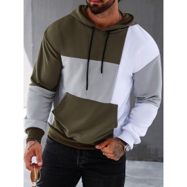Patchwork Color Block Hoodie With Kangaroo Pocket, Men's Casual Solid Color Slightly Stretch Drawstring Pullover Hooded Sweatshirt For Spring Fall Patchwork Color Block Hoodie With Kangaroo Pocket, Men's Casual Solid Color Slightly Stretch Drawstring Pullover Hooded Sweatshirt For Spring Fall