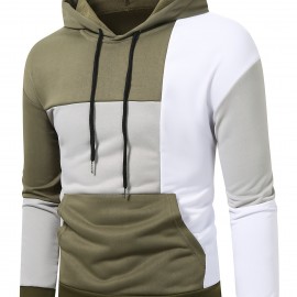 Patchwork Color Block Hoodie With Kangaroo Pocket, Men's Casual Solid Color Slightly Stretch Drawstring Pullover Hooded Sweatshirt For Spring Fall Patchwork Color Block Hoodie With Kangaroo Pocket, Men's Casual Solid Color Slightly Stretch Drawstring Pullover Hooded Sweatshirt For Spring Fall