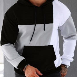 Patchwork Color Block Hoodie With Kangaroo Pocket, Men's Casual Solid Color Slightly Stretch Drawstring Pullover Hooded Sweatshirt For Spring Fall Patchwork Color Block Hoodie With Kangaroo Pocket, Men's Casual Solid Color Slightly Stretch Drawstring Pullover Hooded Sweatshirt For Spring Fall