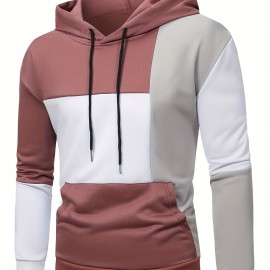 Patchwork Color Block Hoodie With Kangaroo Pocket, Men's Casual Solid Color Slightly Stretch Drawstring Pullover Hooded Sweatshirt For Spring Fall Patchwork Color Block Hoodie With Kangaroo Pocket, Men's Casual Solid Color Slightly Stretch Drawstring Pullover Hooded Sweatshirt For Spring Fall