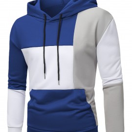 Patchwork Color Block Hoodie With Kangaroo Pocket, Men's Casual Solid Color Slightly Stretch Drawstring Pullover Hooded Sweatshirt For Spring Fall Patchwork Color Block Hoodie With Kangaroo Pocket, Men's Casual Solid Color Slightly Stretch Drawstring Pullover Hooded Sweatshirt For Spring Fall