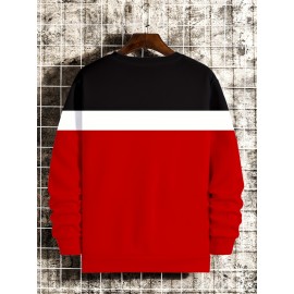 Color Block Trendy Sweatshirt, Men's Casual Graphic Design Slightly Stretch Crew Neck Pullover Sweatshirt For Autumn Winter Color Block Trendy Sweatshirt, Men's Casual Graphic Design Slightly Stretch Crew Neck Pullover Sweatshirt For Autumn Winter