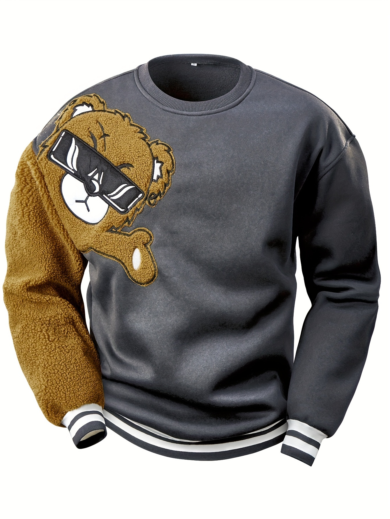 mens cartoon bear embroidery crew neck sweatshirt loose fit sports tops details 18